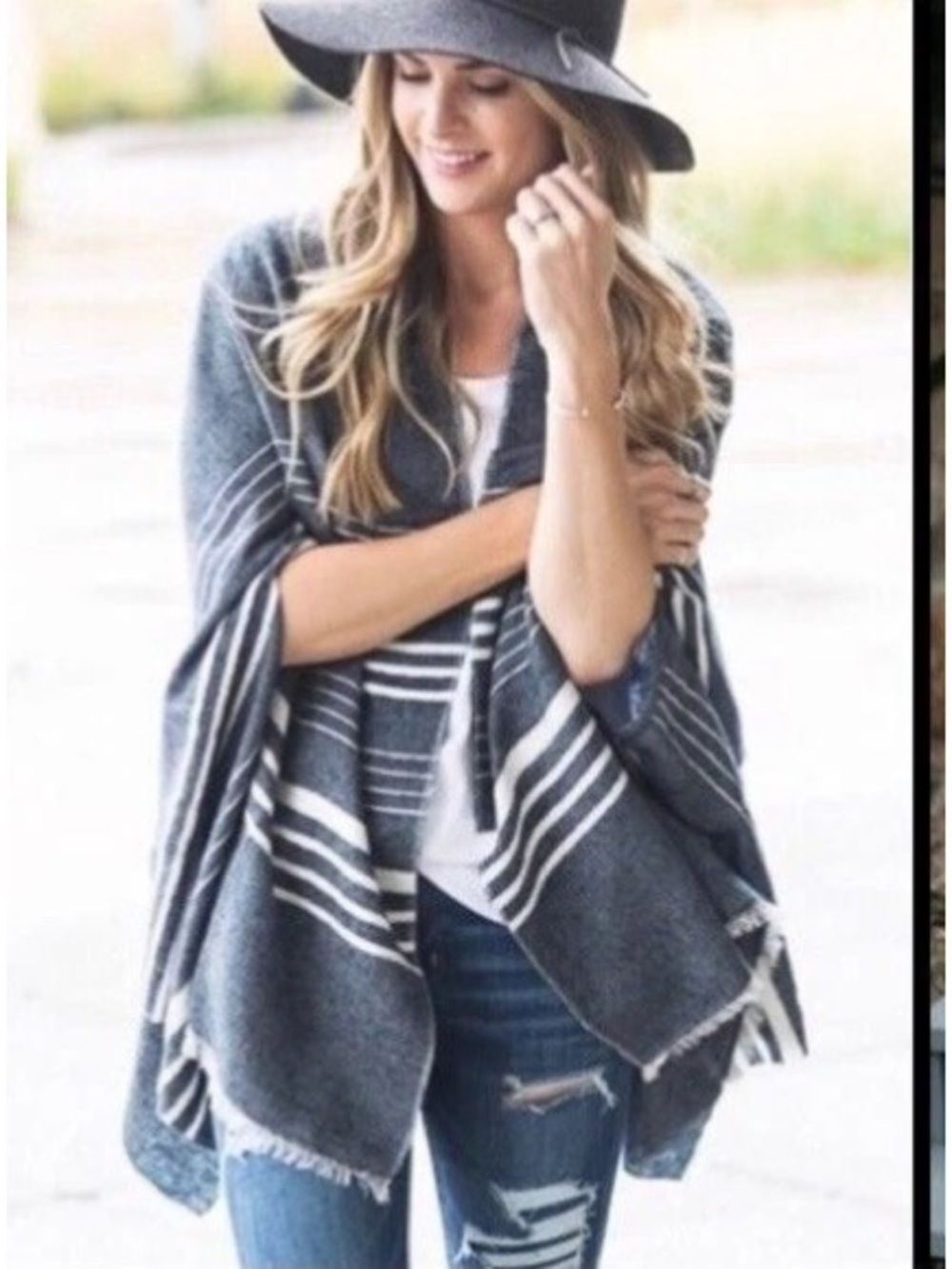 J Crew Stripe Cape Scarf Poncho Charcoal Heather One Size Arm Holes Fringe Trim